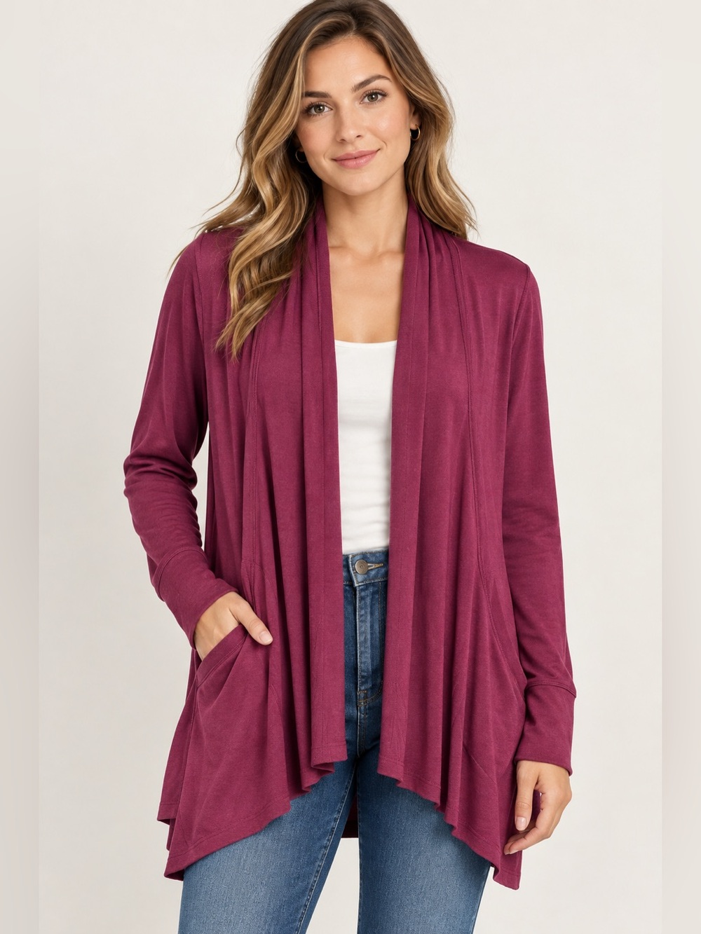 NWT Quince French Terry Modal Cardigan XL Berry Mauve Open Front Longline